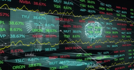 Trader in suit using market data on screens in office, with ticker symbols and wireframe globe