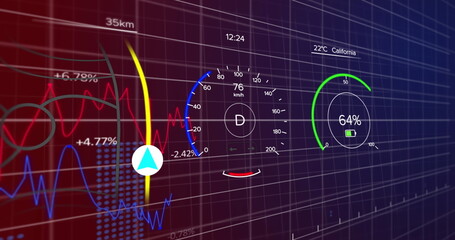 Displaying circular speedometer gauge reading 76 km or h on virtual HUD, with battery gauge icon