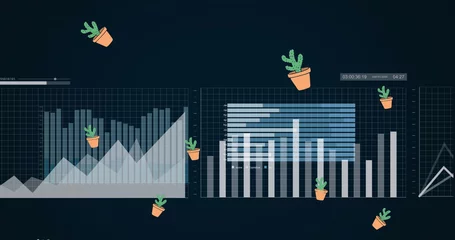 Showing interface featuring area, bar, and line charts on computer dashboard with cactus icons