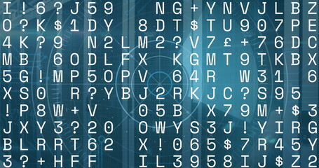 Displaying centered grid of white alphanumeric symbols on blue data interface, with HUD elements