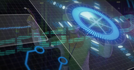 Lab coat engineer manipulating holographic interface in control lab with touchscreen table