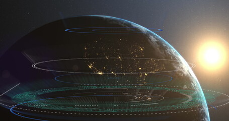 Obraz premium Planet Earth rotating in outer space, with holographic rings, data grids and sun glow, copy space