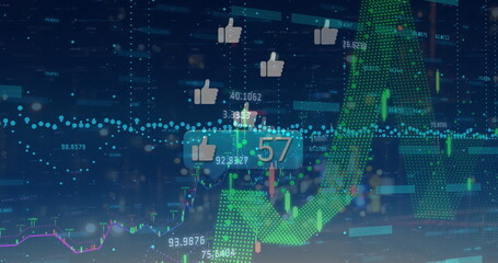 Floating thumbs-up icons and like badge showing 57 over trading screen, with candlestick charts