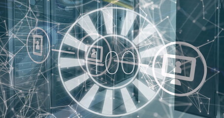 Displaying network overlay pulsing over data center, with server racks, profile and monitor icons