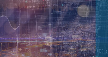 Displaying nighttime urban skyline with highway light trails, showing purple-blue data overlays