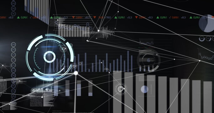 Displaying glowing HUD rotating within virtual dashboard, network lines and bar graphs animating