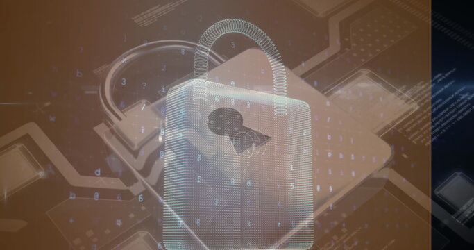 Displaying 3D padlock revealing brain silhouette on circuit board paths with floating code elements