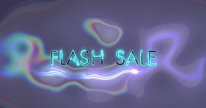 Featuring glowing neon letters spelling FLASH SALE on digital banner, with multicolored light waves