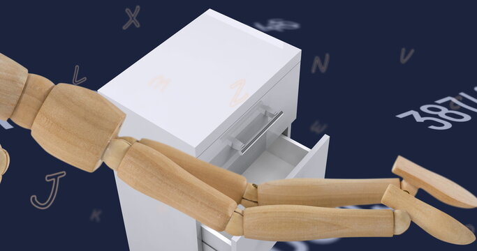 Showing wooden mannequin embracing white drawer cabinet in render, floating letters and numbers