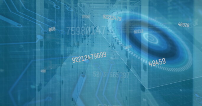 Projecting circular holographic data display in data center with server racks, gridlines, numbers