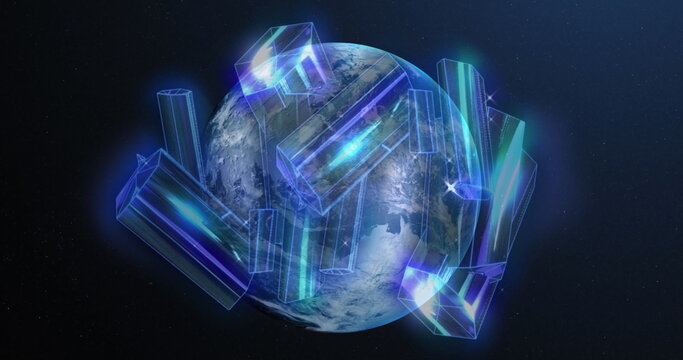 Floating planet Earth rotating in dark outer space, with glowing holographic prisms - Powered by Adobe