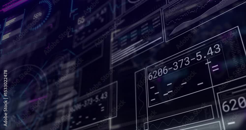 Poster on loading digital dashboard panels shifting codes, updating gauges, waveforms for data overview