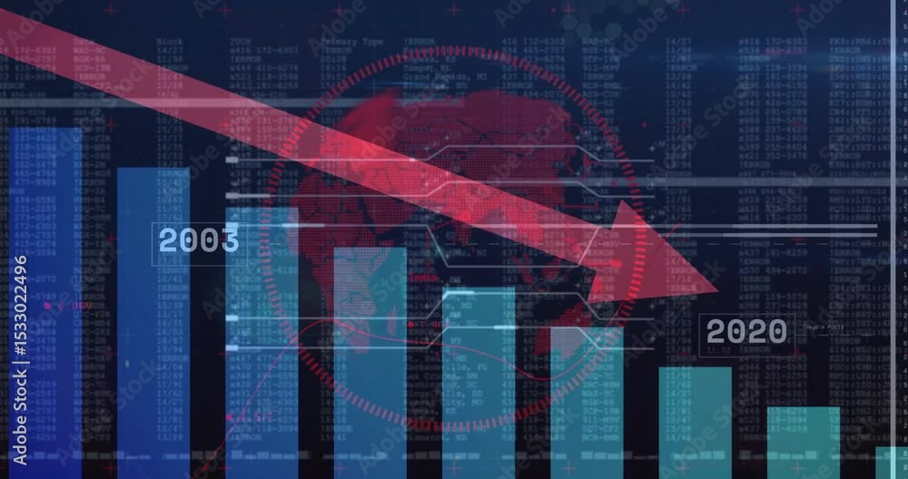 Poster code backdrop animating bars shifting while red arrow swooping across year labels updating data