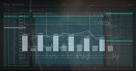 Operator watching screen initiating data terminal updating bars and line graph for tech monitoring - Powered by Adobe
