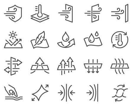 Simple Set of Fabric Properties Related Vector Line Icons. Contains such Icons as Stretching, Windproof, Breathable and more.