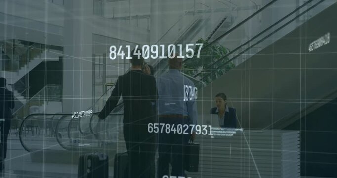 Business travelers entering atrium, initiating data overlays tracking progress toward receptionist