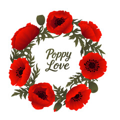 Red poppy flower wreath with green leaves and seed pods arranged in circular botanical frame isolated on white background ideal for romantic floral design wedding invitation or seasonal decor
