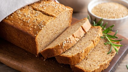 A freshly baked loaf of quinoa bread with a crust dusted in grains and a dense, seed-speckled interior. Uncooked quinoa and herbs nearby emphasize its wholesome, nutritious origin