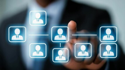 A businessperson selects a digital profile icon on a virtual screen, representing digital recruitment or human resources technology. - Powered by Adobe