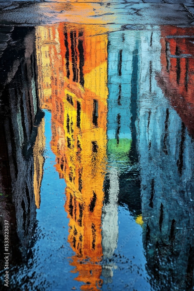 Poster building reflections in water create abstract patterns with orange blue and gray colors.