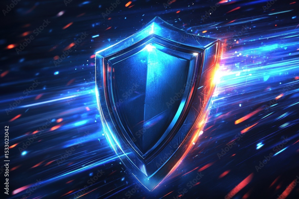 Poster cybersecurity shield symbol illuminated in vibrant red and blue, representing protection in digital 