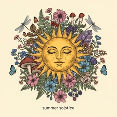 Bohemian Summer Solstice Illustration with Sun Face, Flowers, Mushrooms, Butterflies and Dragonflies in a Whimsical and Artistic Style