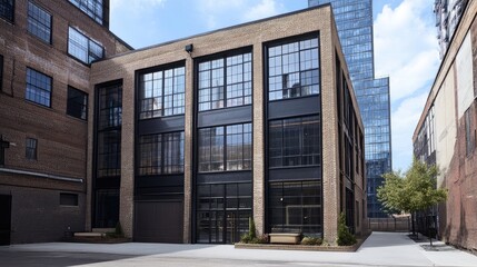 Fototapeta premium Modern Urban Architecture Design Featuring Industrial Building with Large Windows and Brick Facade Against City Skyline