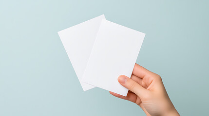 Close-up of a hand holding two blank white cards against a light blue background, perfect for showcasing invitations, promotions, or announcements.