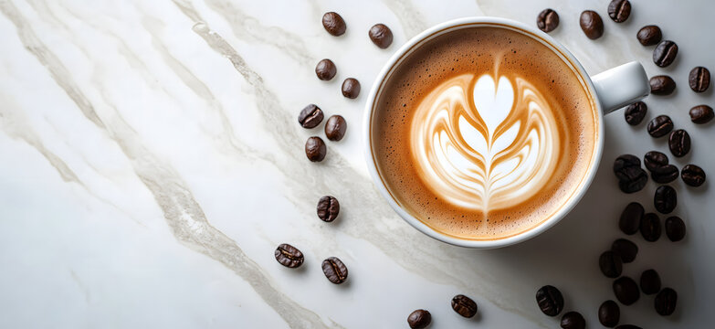 Coffee cup with latte art on marble countertop with coffee beans - Powered by Adobe