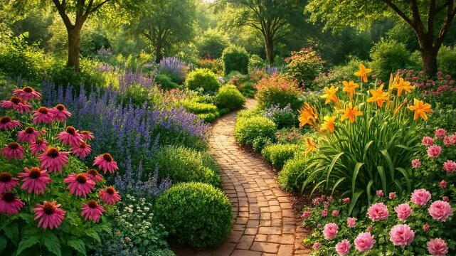 A serene garden path with vibrant flowers and lush greenery, captured from a low angle, perfect for a tranquil nature video backdrop