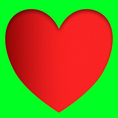 3D render of an illustrated big red heart shape on a bright green background for cards