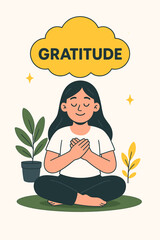 Flat Illustration of a Peaceful Woman Practicing Gratitude for Mindfulness, Inner Peace, and Positivity
