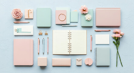 A collection of colorful stationary items neatly arranged on a vibrant blue background.