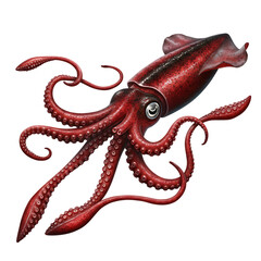 Realistic Red Squid with Tentacles on Transparent Background

