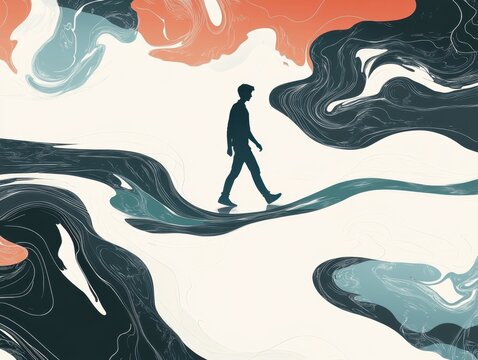 an Asian man walking on the surface of swirling water, with simple lines and shapes in dark blue and white Generative AI