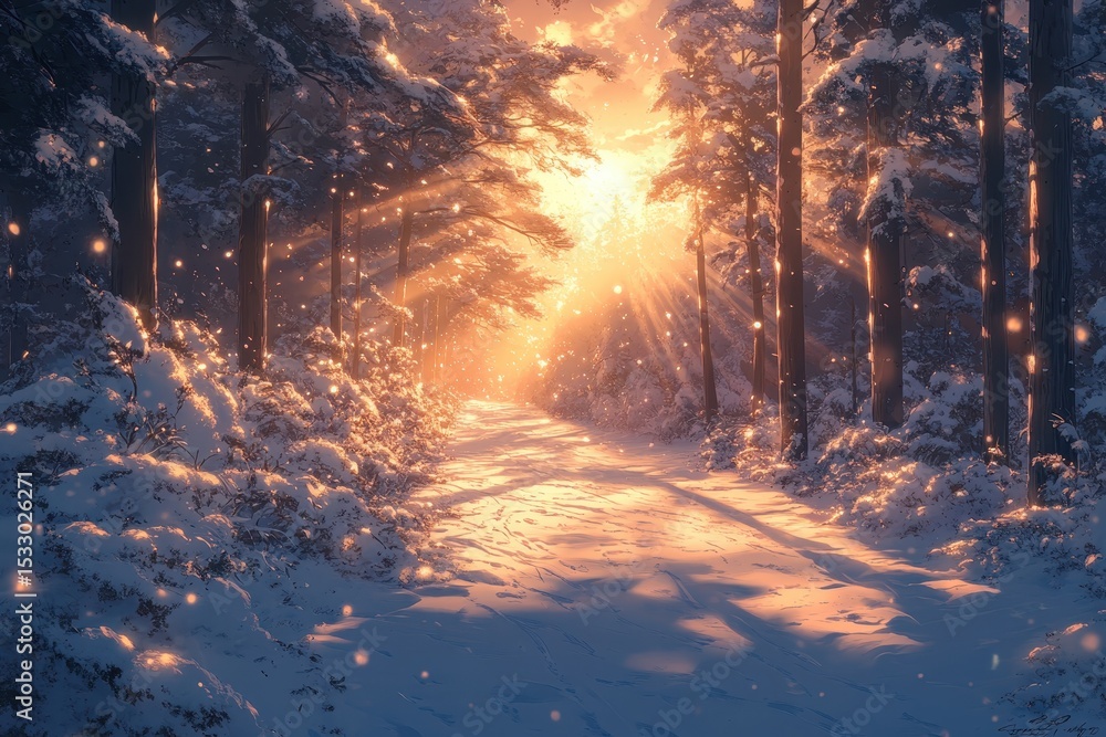 Poster winter landscape with sun setting through snow-covered trees in a tranquil forest at dusk