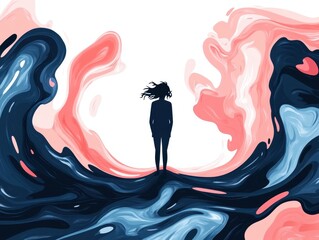 A flat illustration of an individual standing on the ground, surrounded by swirling waves representing emotional turmoil and self-reflection Generative AI