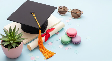 Graduation cap and diploma with macarons and flowers on a blue background, symbolizing celebration and achievement.