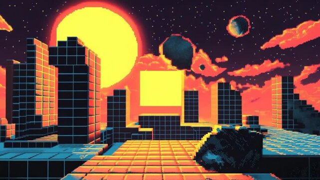 Retro Pixel Cityscape: Journey Through 8-Bit Urban Dreamscape with Cosmic Sunset