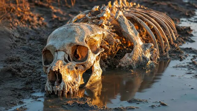 Weathered animal skull and skeleton in muddy puddle landscape, remains decay.