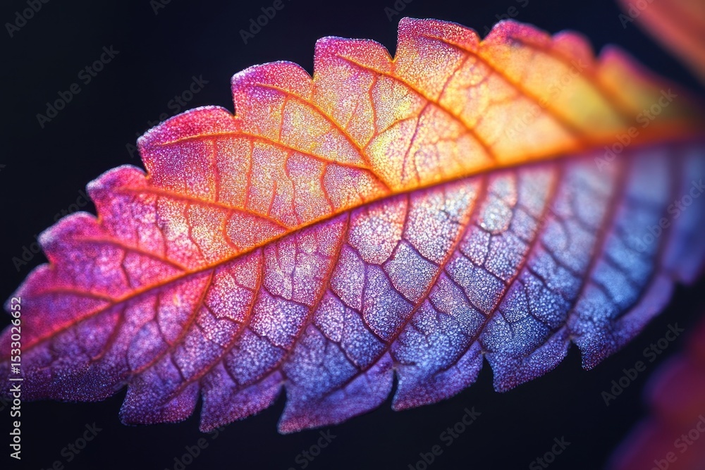 Poster intricate details of a leaf illuminated in vibrant colors against a dark background showcasing natur