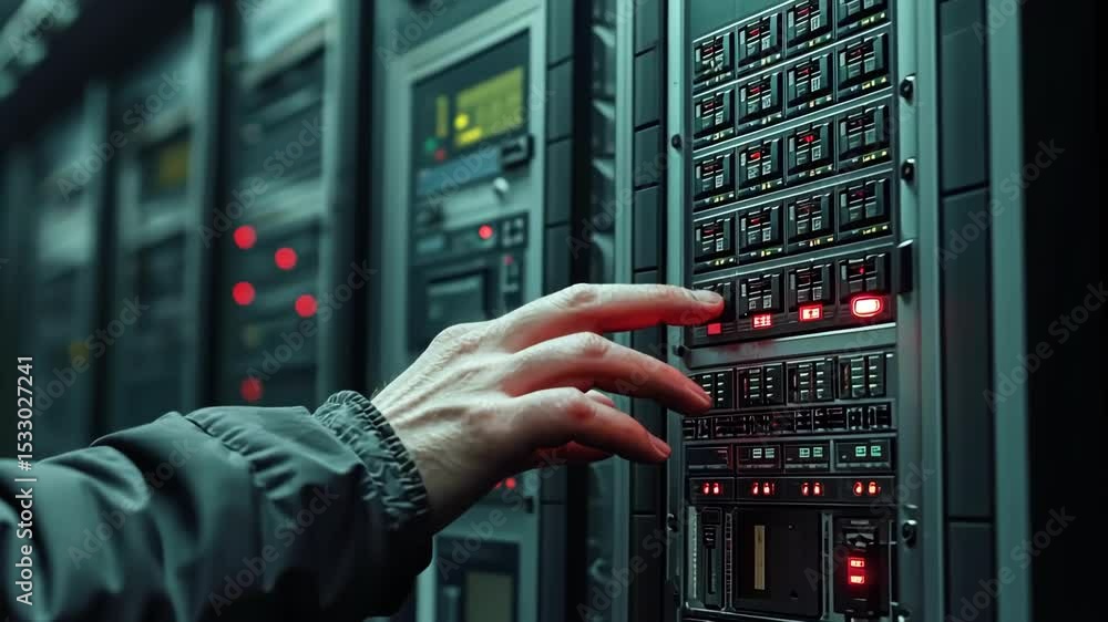 Poster one person managing server room. data center control, computer network.