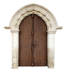 Old wooden door with stone arch and columns on transparent background