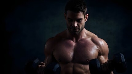 Fototapeta premium Muscular man lifting heavy weights in a dimly lit gym