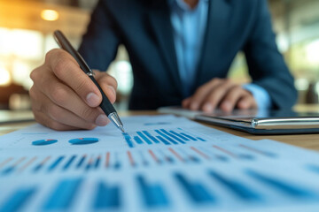 A focused businessman analyzing financial reports and graphs on his desk in a corporate office