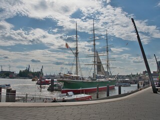 Aerial view of Hamburg inland port with the Elbphilharmonie in the background