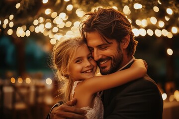 Father and daughter embrace under warm fairy lights during a joyful evening celebration at a garden venue