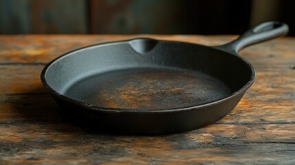 Empty cast iron skillet on a rustic wooden table (1)
