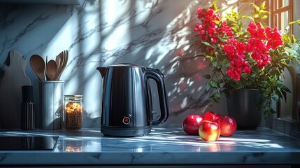 Kitchen countertop with black electric kettle, apples, and flowers. Sunlight casts shadows
