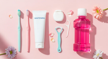 A pink toothpaste bottle and toothbrush among other items on a matching pink background.